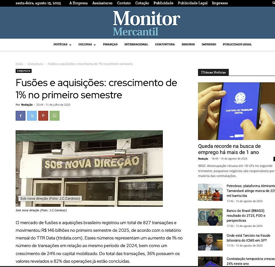 Fuses e aquisies: crescimento de 1% no primeiro semestre